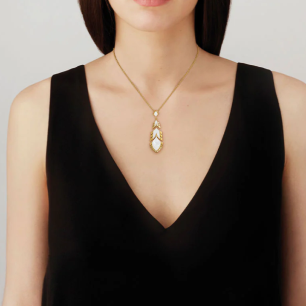 Paon Pendant White pearly clear crystal and white lacquer, 18K yellow gold-plated