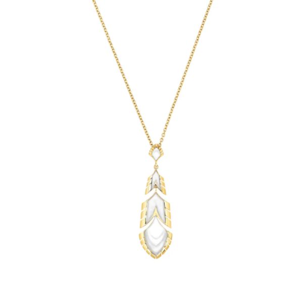 Paon Pendant White pearly clear crystal and white lacquer, 18K yellow gold-plated