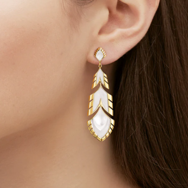 Paon Earrings White pearly clear crystal and white lacquer, 18K yellow gold-plated