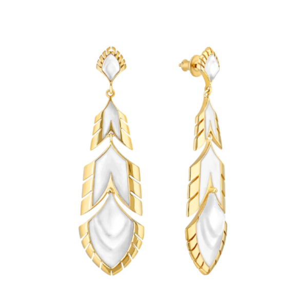 Paon Earrings White pearly clear crystal and white lacquer, 18K yellow gold-plated