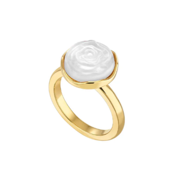 Pivoine Ring White pearly on clear crystal, 18 carats yellow gold plated