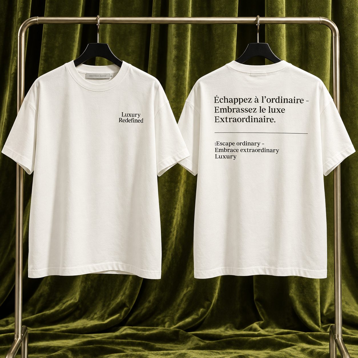 Spanos Luxury Collection white "Luxury Redefined" tee, front and back printed views on a brass rail