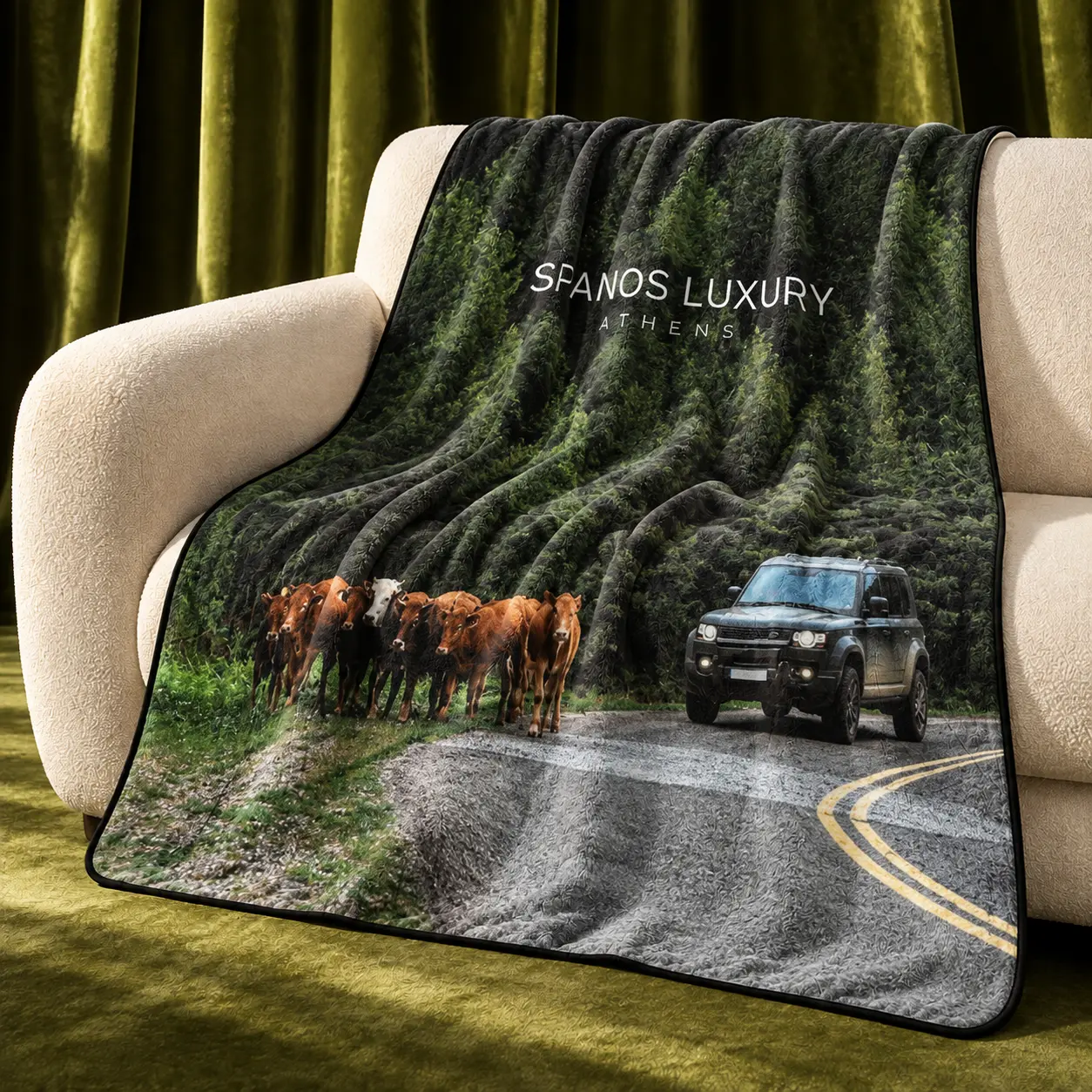Spanos Luxury Collection Athens road print throw with cows crossing a mountain road