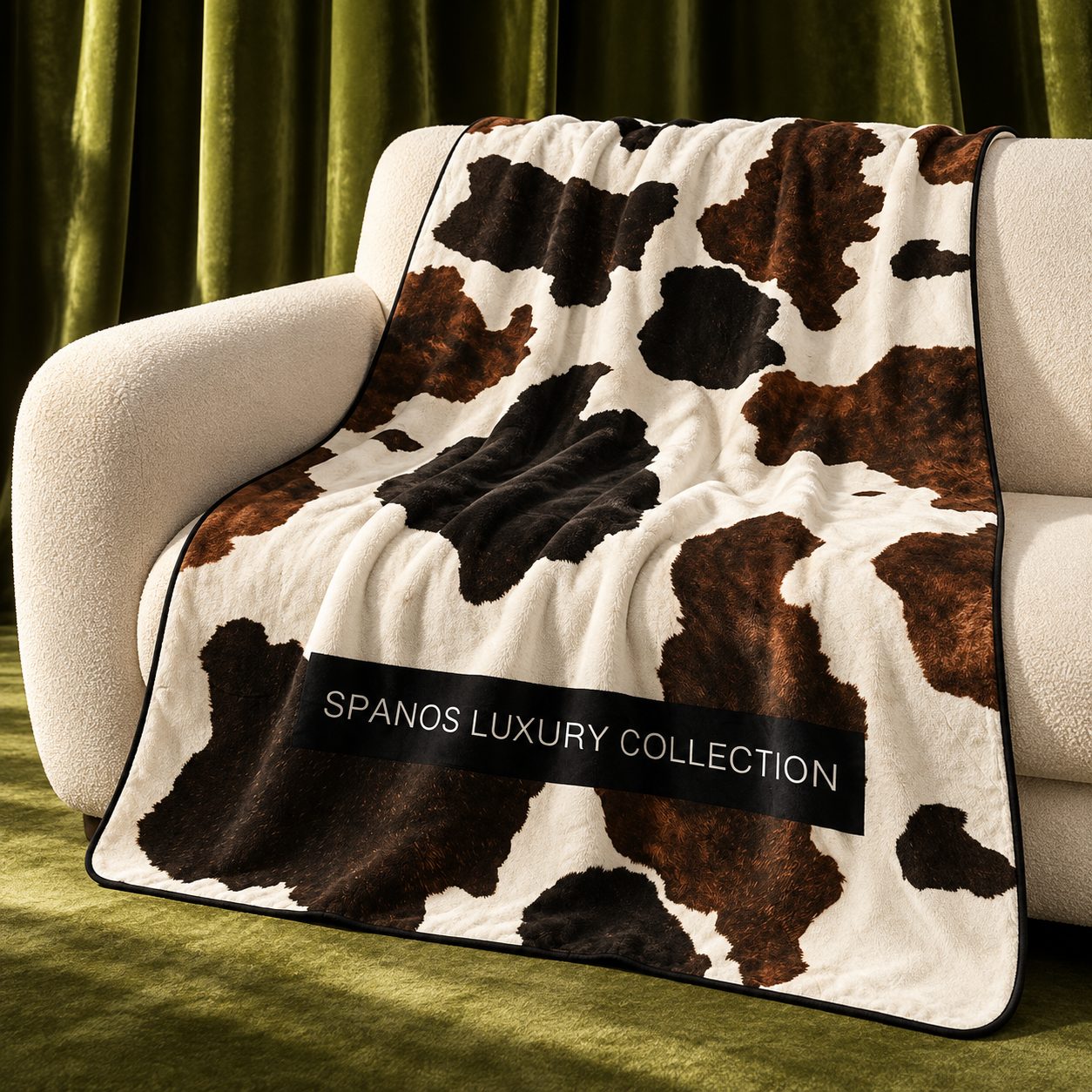 Spanos Luxury Collection cowhide-print throw draped over a sofa