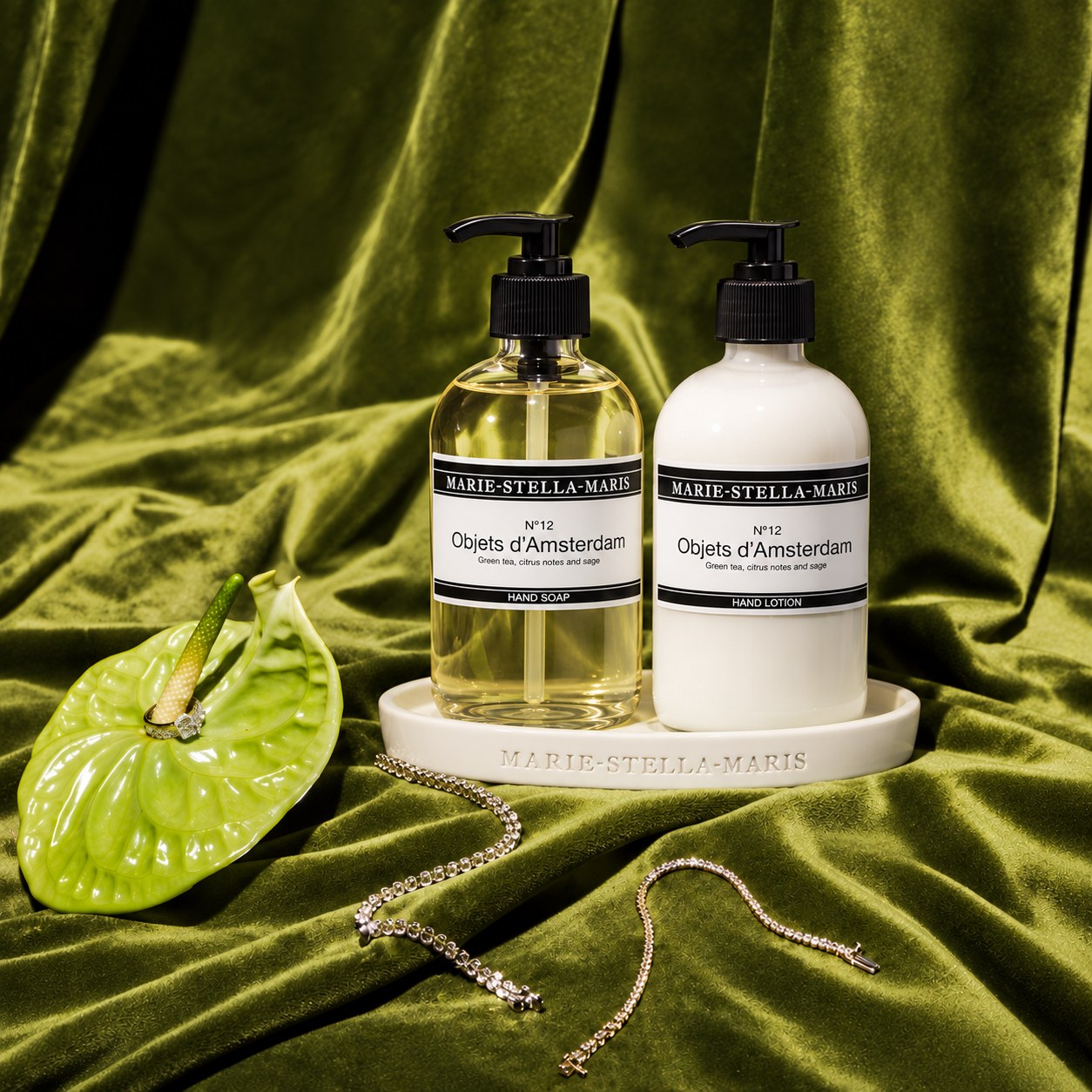 Marie-Stella-Maris No.12 Objets d'Amsterdam hand soap and hand lotion on a ceramic tray