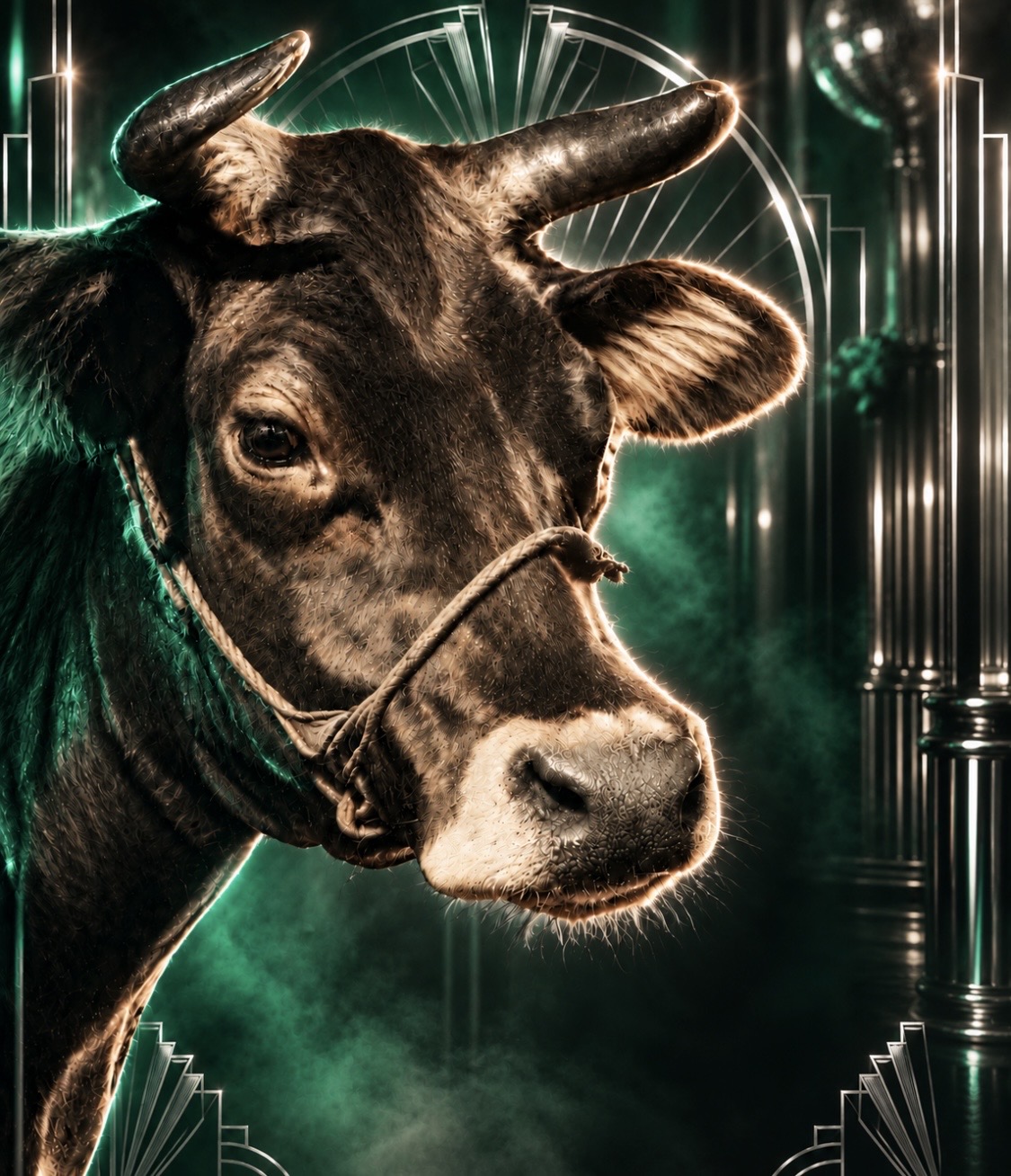 Bull portrait in an emerald Art Deco setting