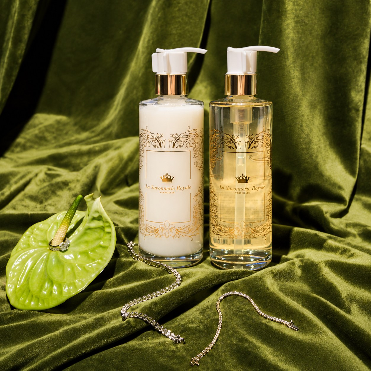 La Savonnerie Royale Le Bassin de Neptune liquid soap and The Perfect Cream, clear glass